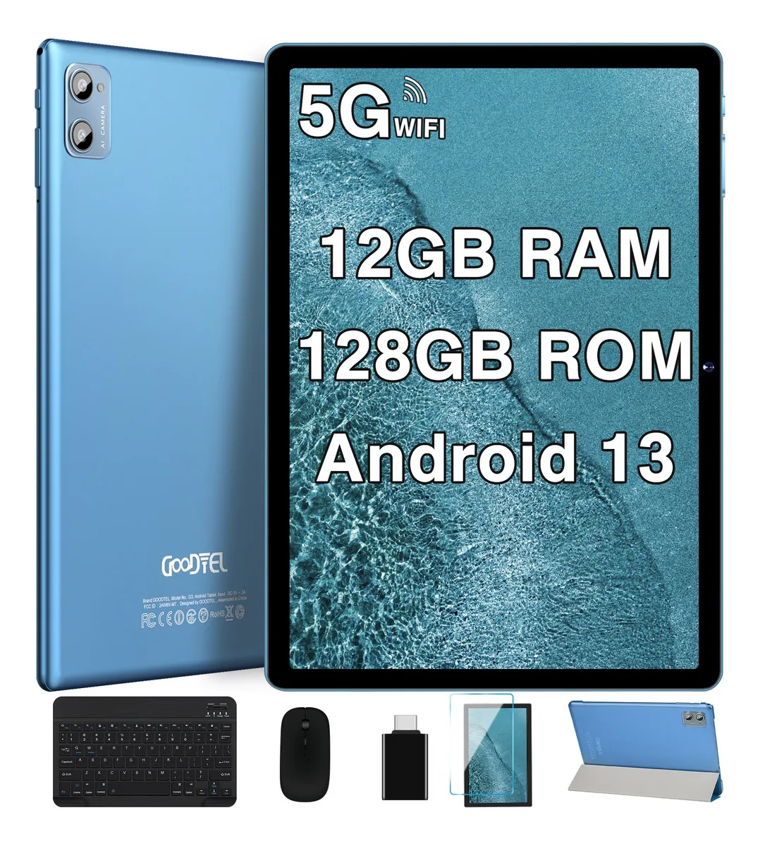 10 Tablet 12GB RAM+128GB ROM 1TB TF, 5G WiFi, GPS, BT5.0, 6000mAh Battery- Blue