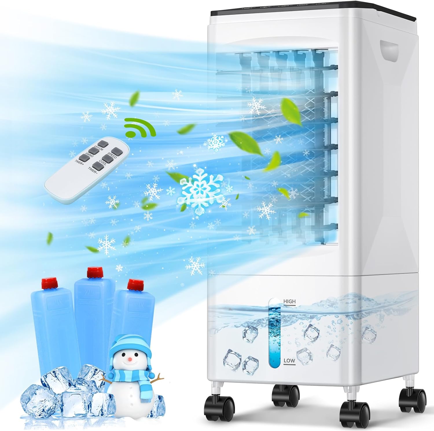 Evaporative Air Cooler Conditioner, 3-IN-1 Portable Humidifier Cooling Fan, 3 Speed, 60\u00b0 Oscillation, Remote Control & 1-7H Timer, 60W Energy Saving Portable Space Cooler for Home Office Dorm