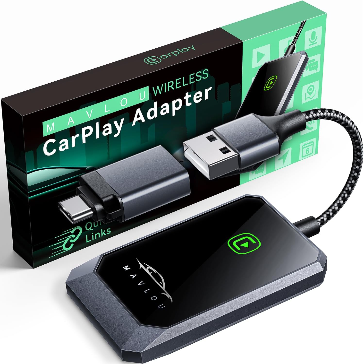 MAVLOU Wireless CarPlay Adapter UK, Wireless Control Plug & Play (glossy black)