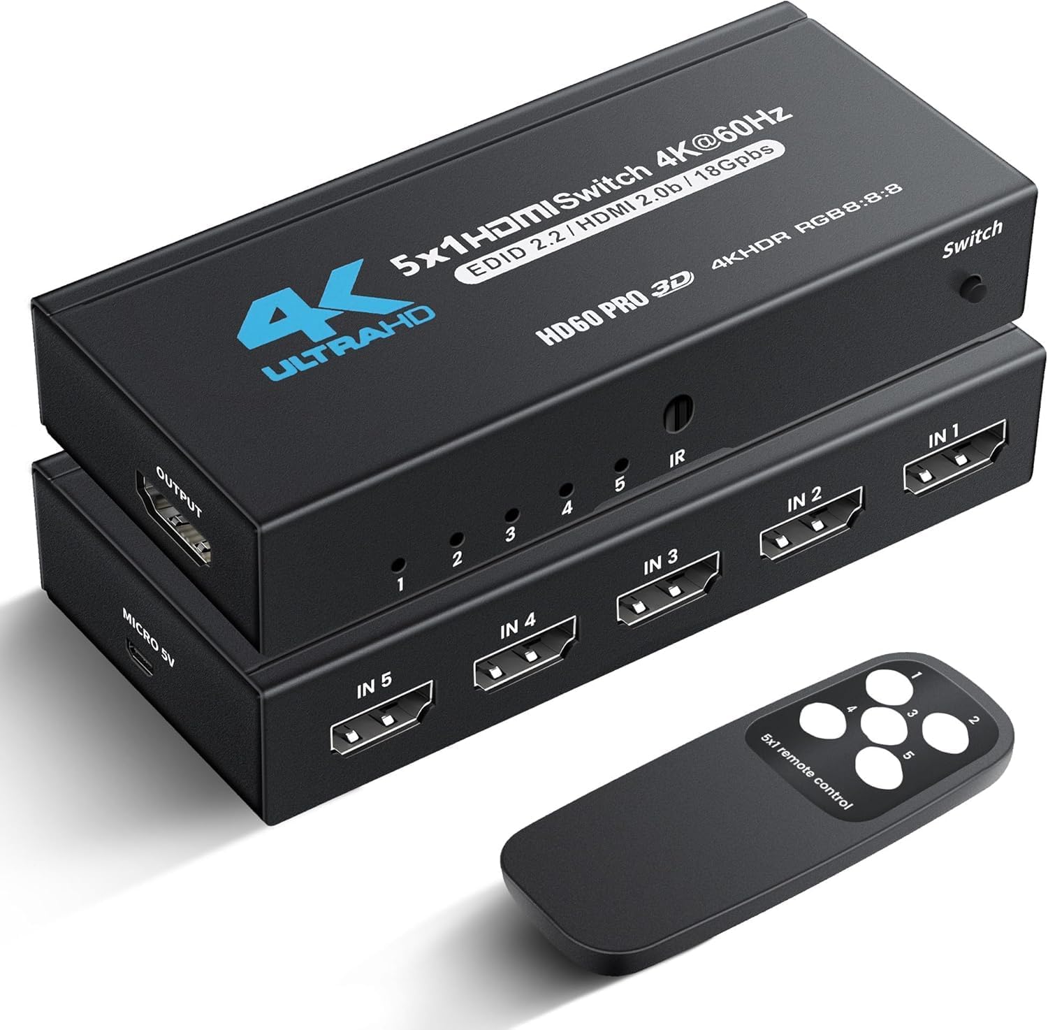 NEWCARE HDMI Switch 5x1 4K@60Hz, IR Remote, 5 Port HDMI Selector HDMI2.0 Dolby