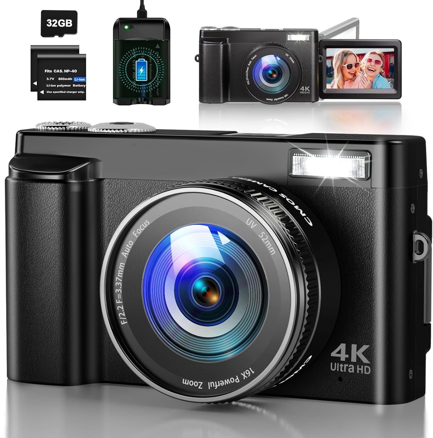 Digital Camera 4K 48MP, Rechargeable Compact 3.0 inch 180\u00b0 Flip Screen 16X Zoom