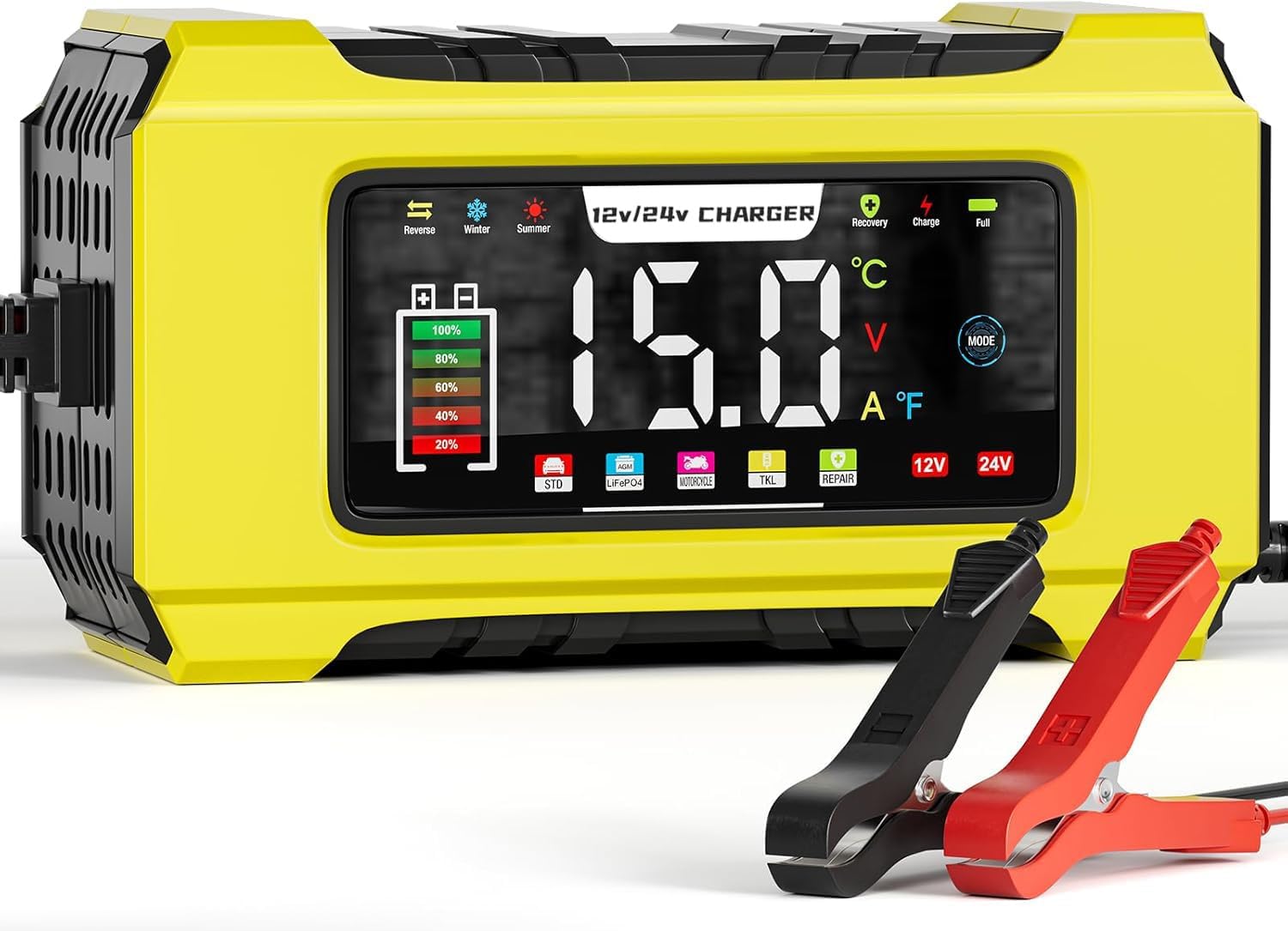 Car Battery Charger, 12V15A-24V8A, with LED Colour Screen, Automatic Smart Charger Monitor Battery