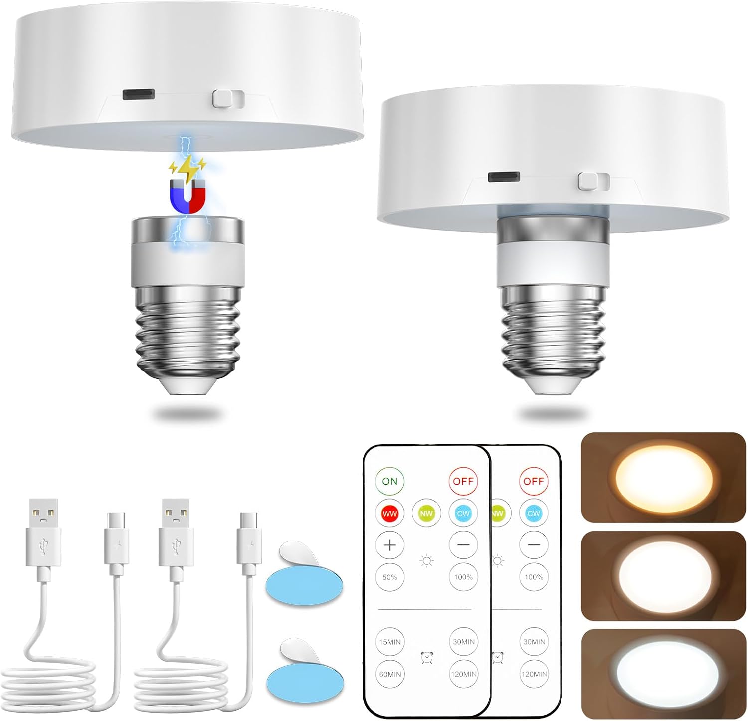 TobeBright E27 Rechargeable Light Bulb with Remote, Dimmable LED Puck for Lamps