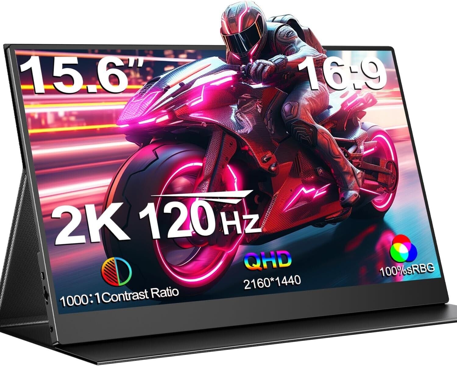 2K 120Hz Portable Gaming Monitor, 15.6'' 2560x1440 HDR QHD FreeSync IPS Portable