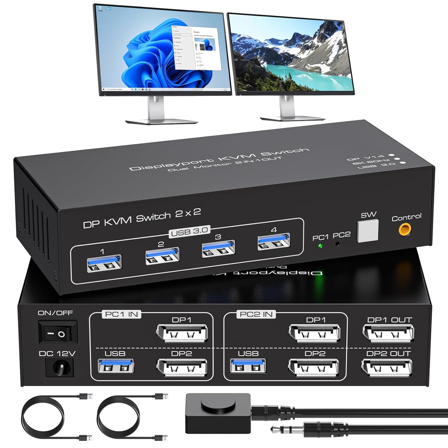 VPFET KVM Switch DisplayPort Dual Monitor 2 Port Displayport 1.4 Switch
