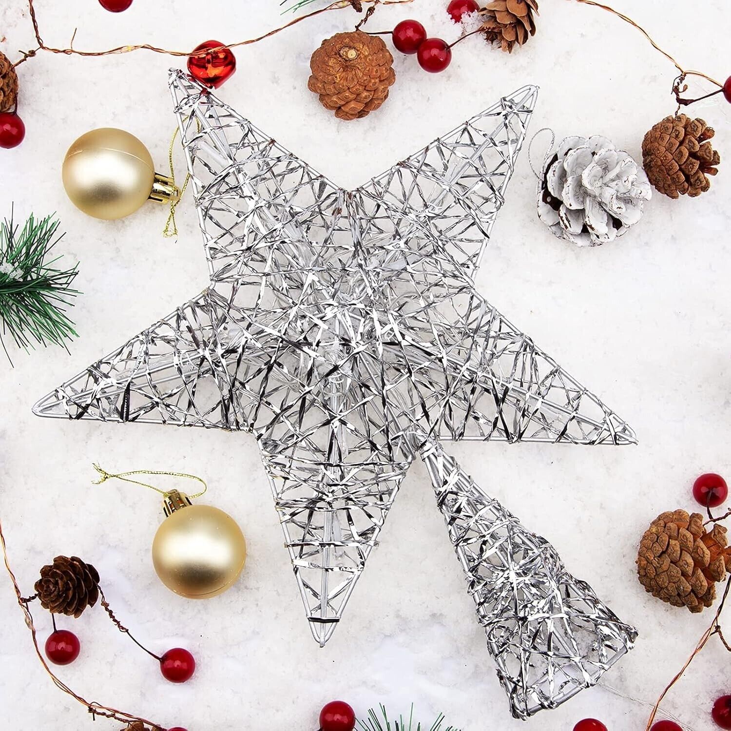 LAWOHO Christmas Tree Topper Star, 10-inch Silver Star with 10 Warm White