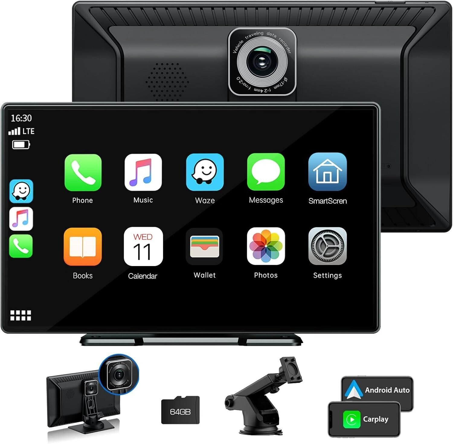 Wireless for Apple Carplay Android Auto, 9 inch Portable Car Radio with 2.5K Das