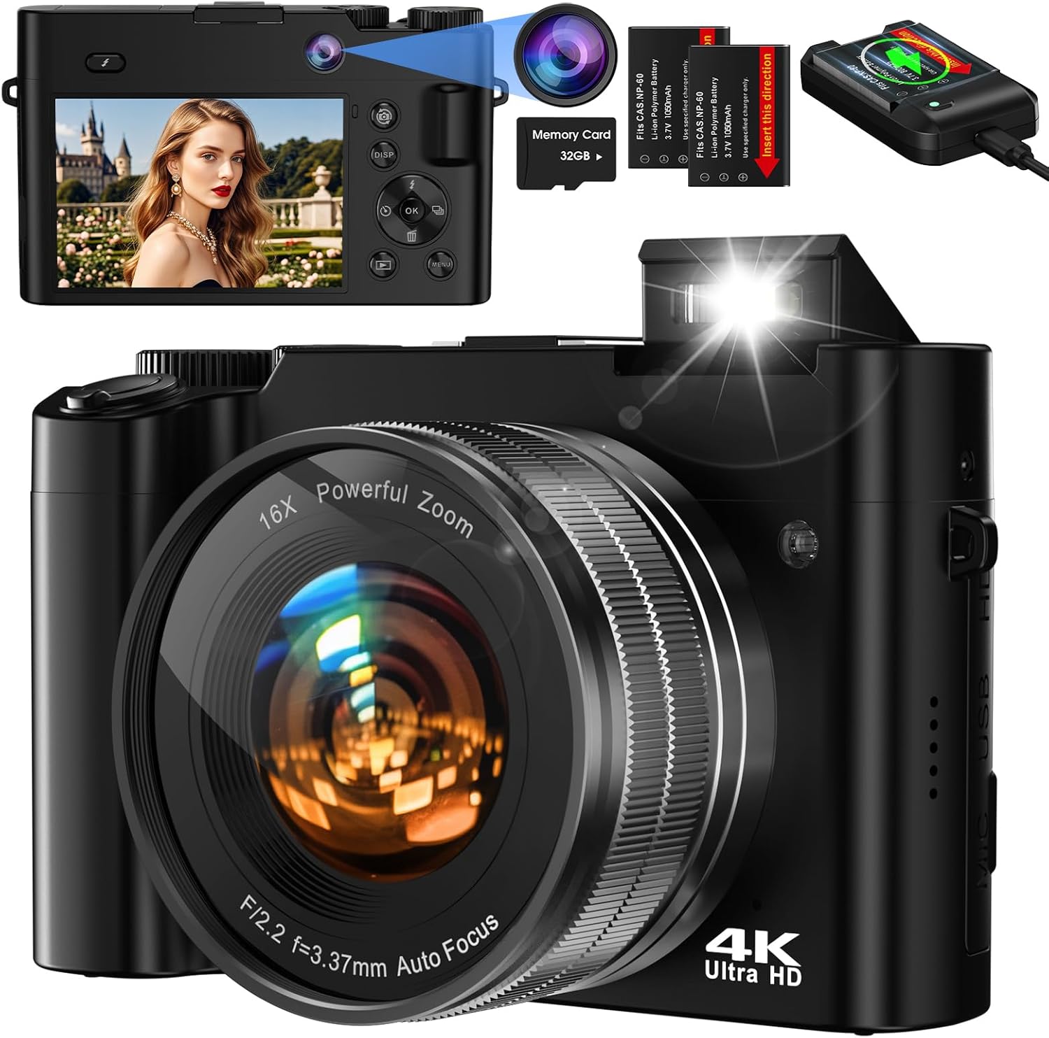 Digital Camera,Bofypoo 64MP Autofocus Vlogging Camera with Front and Rear Dual Cameras 32G Memory Card,4K Compact Digital Camera with 16X Digital Zoom for Beginners(Black)