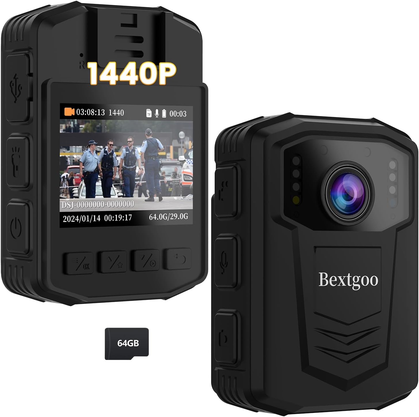 Bextgoo 1440P Body Cam, Built-in 64GB Memory Card, IR Cut Infrared Night Vision