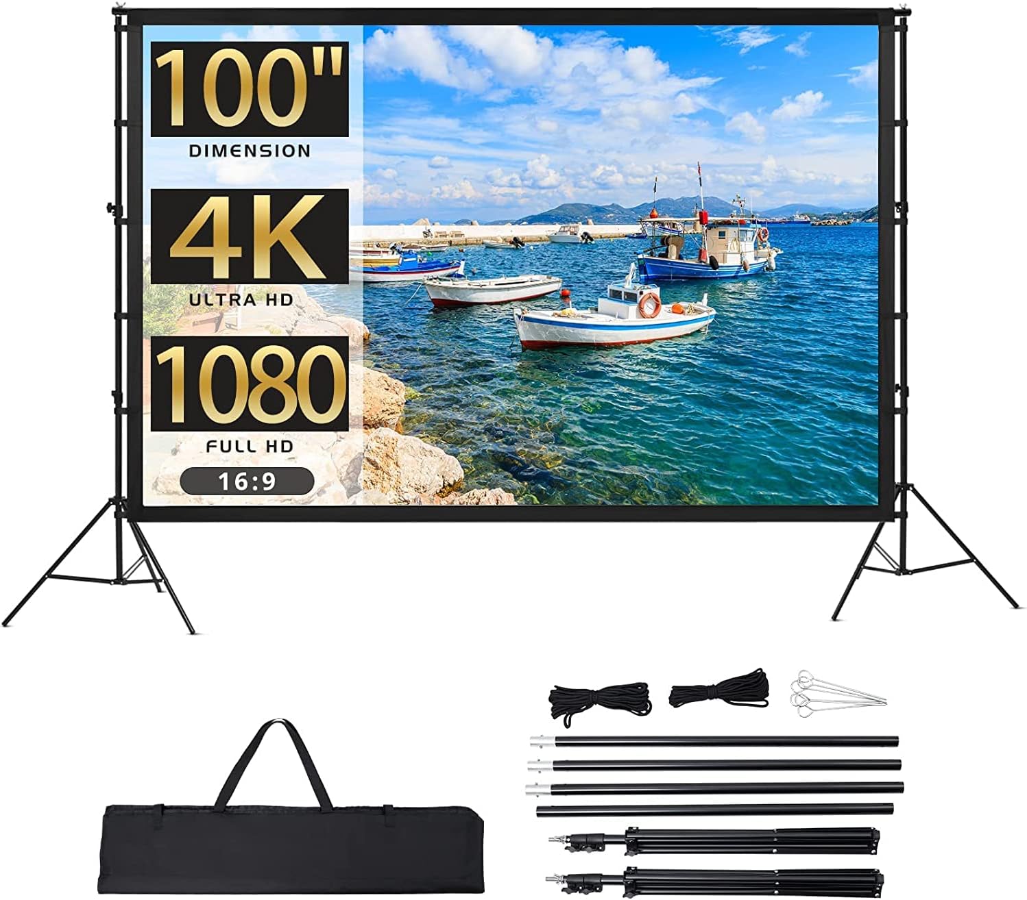 Projector Screen with Stand, Towallmark 100 inch Portable Projection Screen,16:9 4K HD