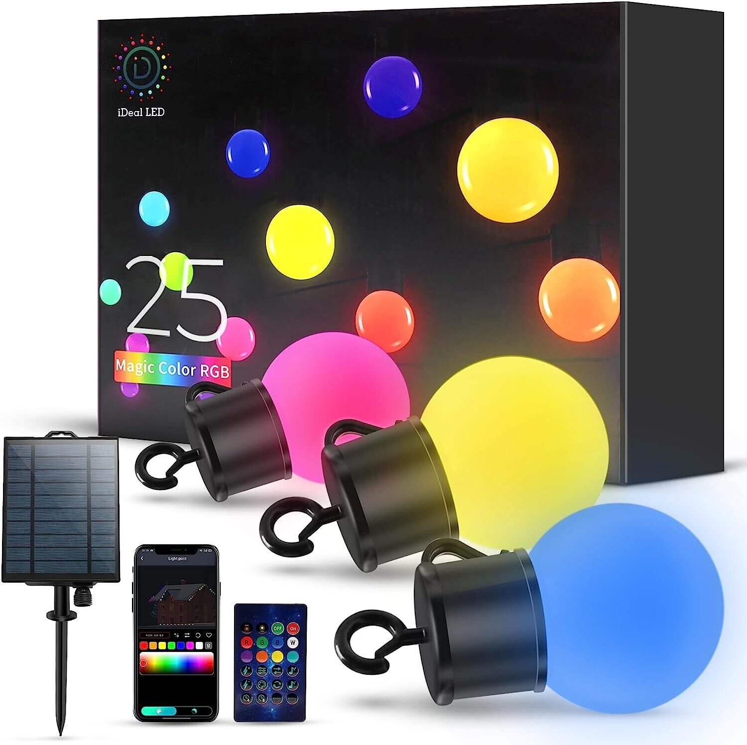 ALED LIGHT 25ft Solar Outdoor String Lights Waterproof, RGB Globe LED Patio