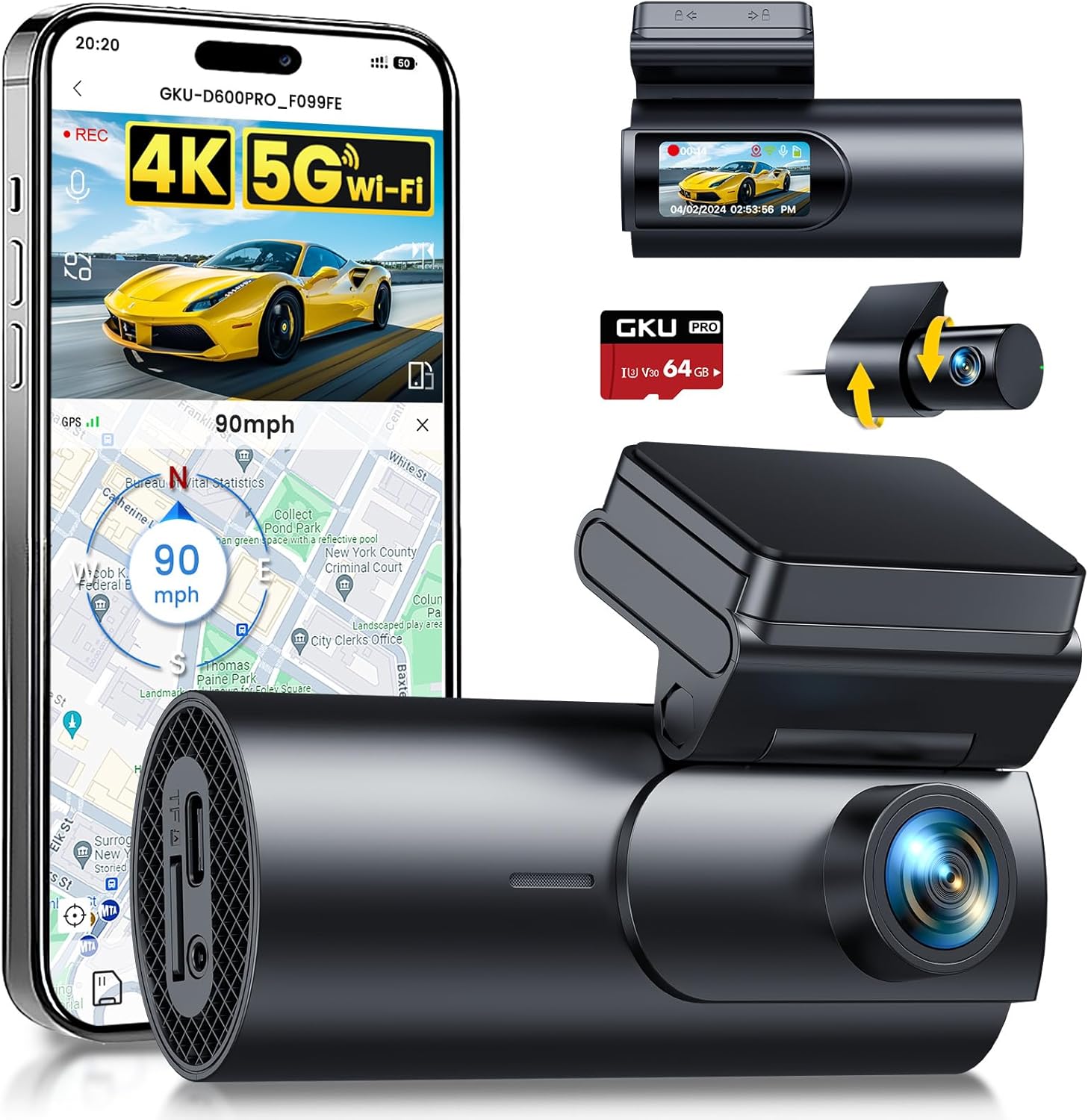 4K Dash Cam Front and Rear, 5GHz WiFi GPS, 24H Parking Mode, Night Vision, WDR, 170\u00b0 Wide Angle, App Control, GKU D600PRO