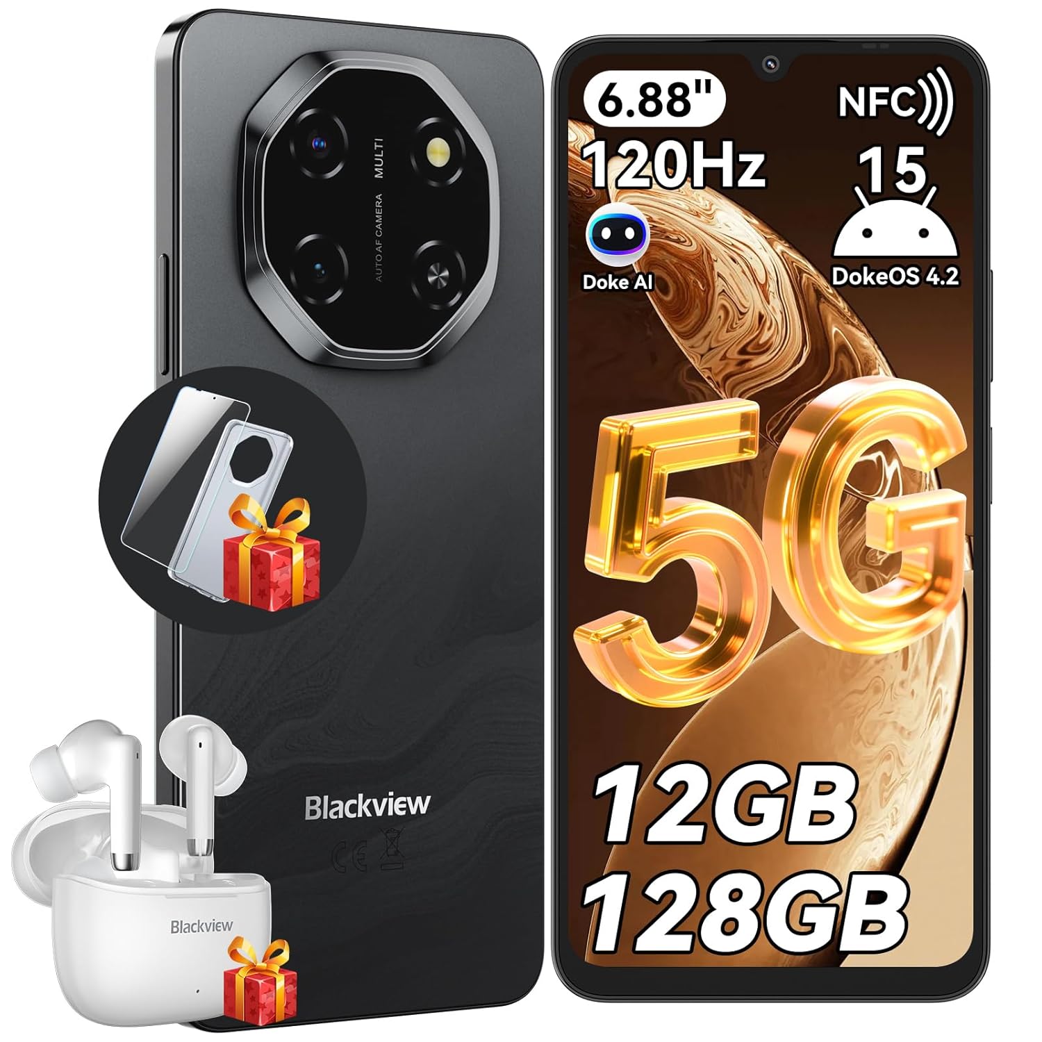 Blackview SHARK 6 Smart Phone, 5G Sim-Free & Unlocked Mobile Phones, 6.88\" 120Hz Display, 12GB+128GB\/2TB, Android 15 Phone 16MP+8MP AI Camera, 5000mAh\/18W, Fingerprint\/Eye Comfort Mode, GPS\/OTG\/NFC