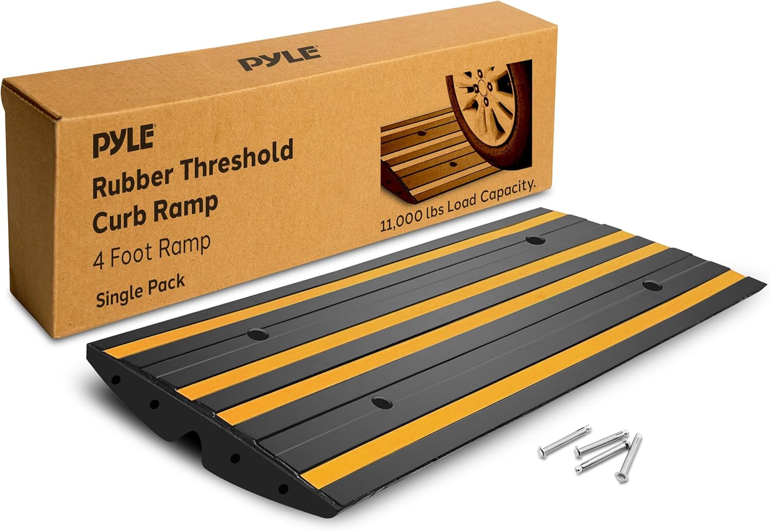 Pyle Rubber Curb Ramp 122 cm , Non-Slip Threshold with Yellow Reflective Strips, Waterproof, Heavy Duty for Driveways, Sidewalks, Portable Ramps for Steps