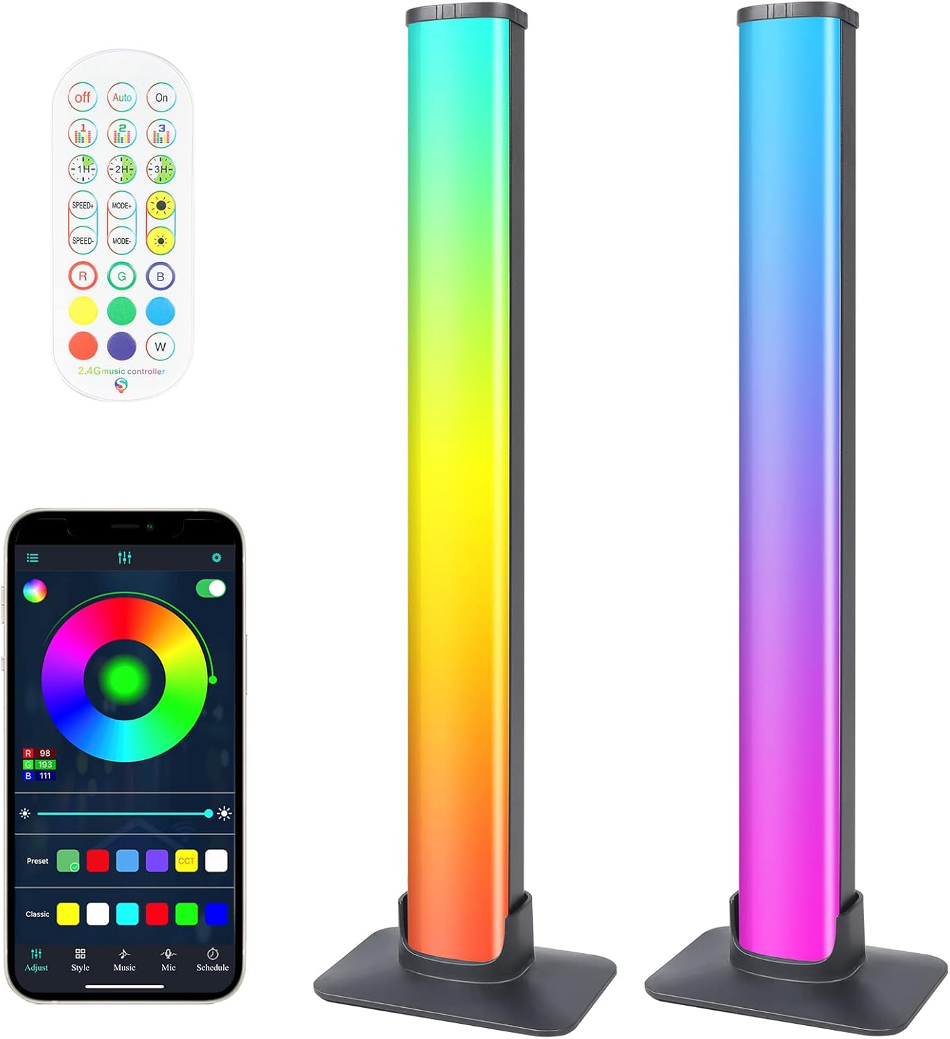 Smart RGB Lightbar Lamps, 2 Pieces, Dimmable Ambient Light, TV Gaming LED Backlight, USB Powered, Music Sync, Bluetooth, App, RC, Jizbuger