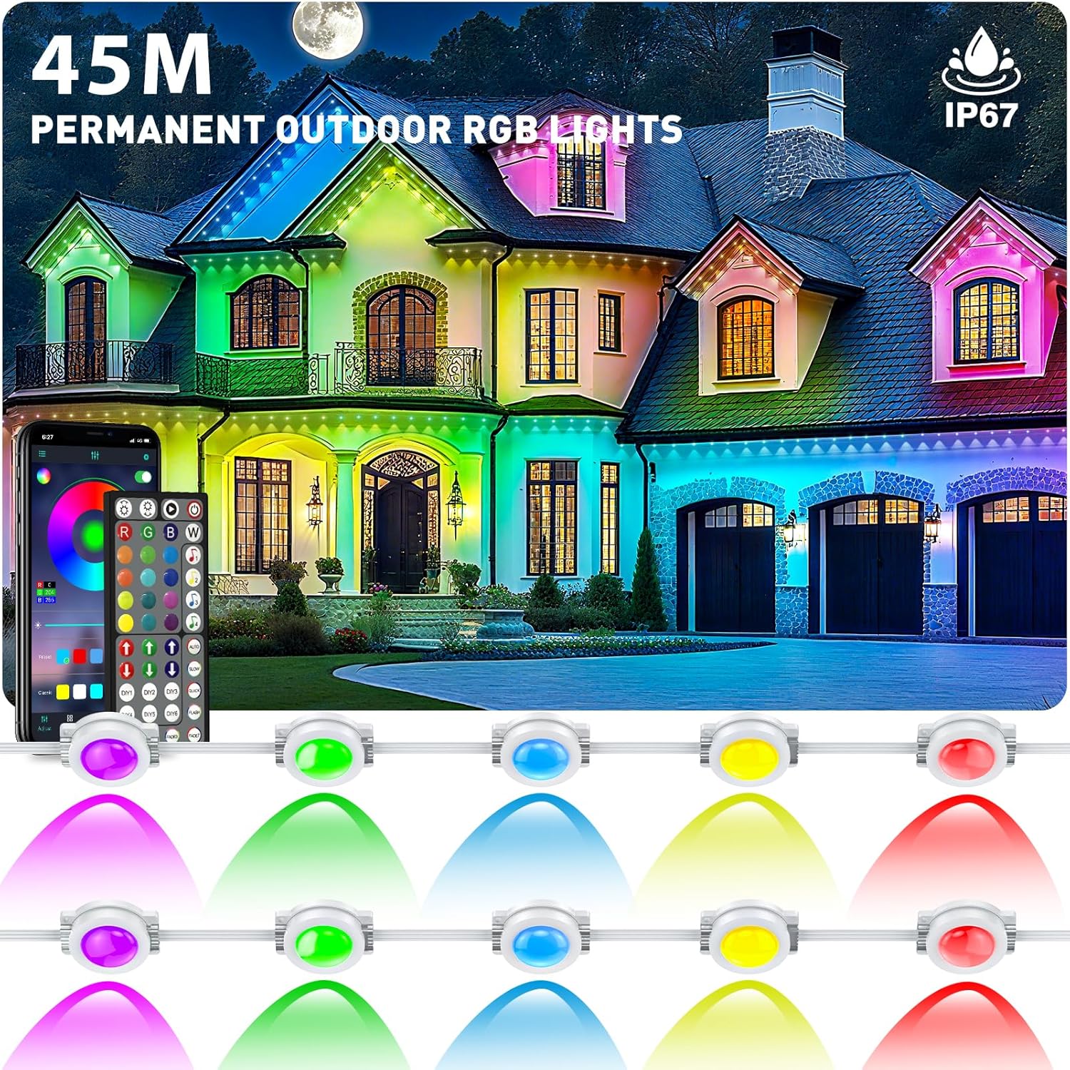 Permanent Outdoor RGB Lights, 45m Eaves Light with App Control Remote, IP67 Waterproof Under Eave Lighting, Nuerpo
