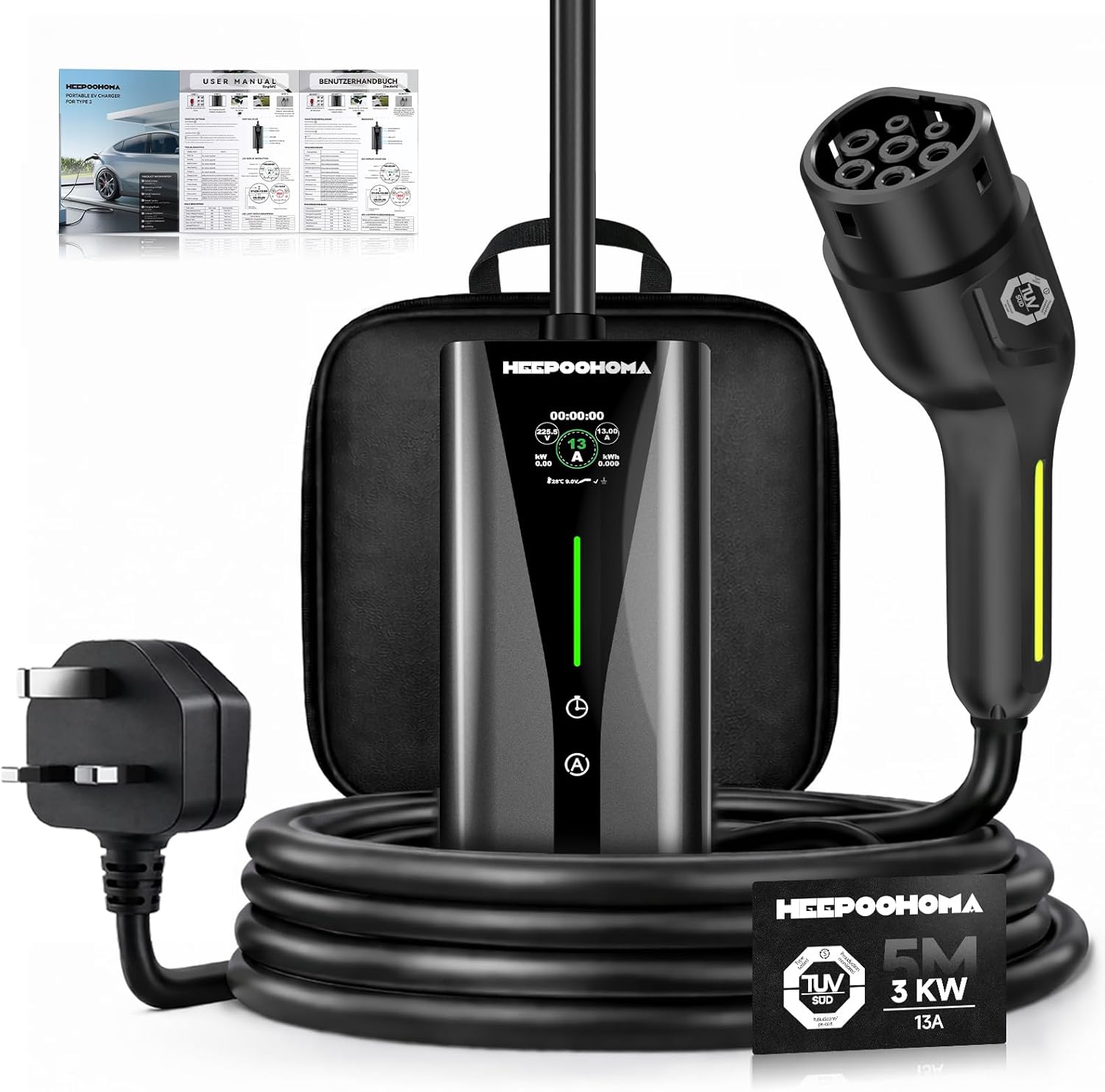 5M 3KW EV Charger, 6-13A, Portable, Type 2 to 3 Pin Plug, up to 12H Delayed Start Charging with 2.4\u2033 Screen, IP67 for EVs, Heepoohoma