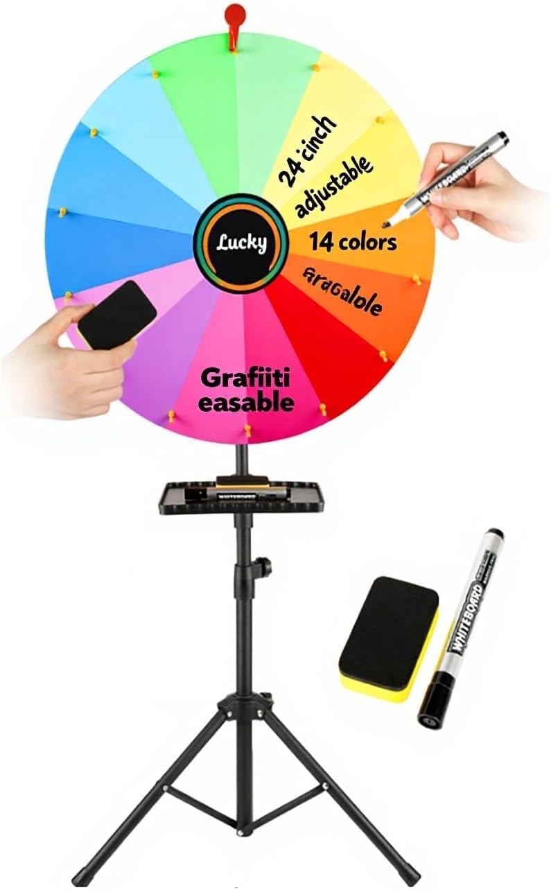 24\" Spinning Prize Wheel, 14 Colours, Game Spinner with Erasable Marker, Adjustable 37\"-65\" Floor Standing