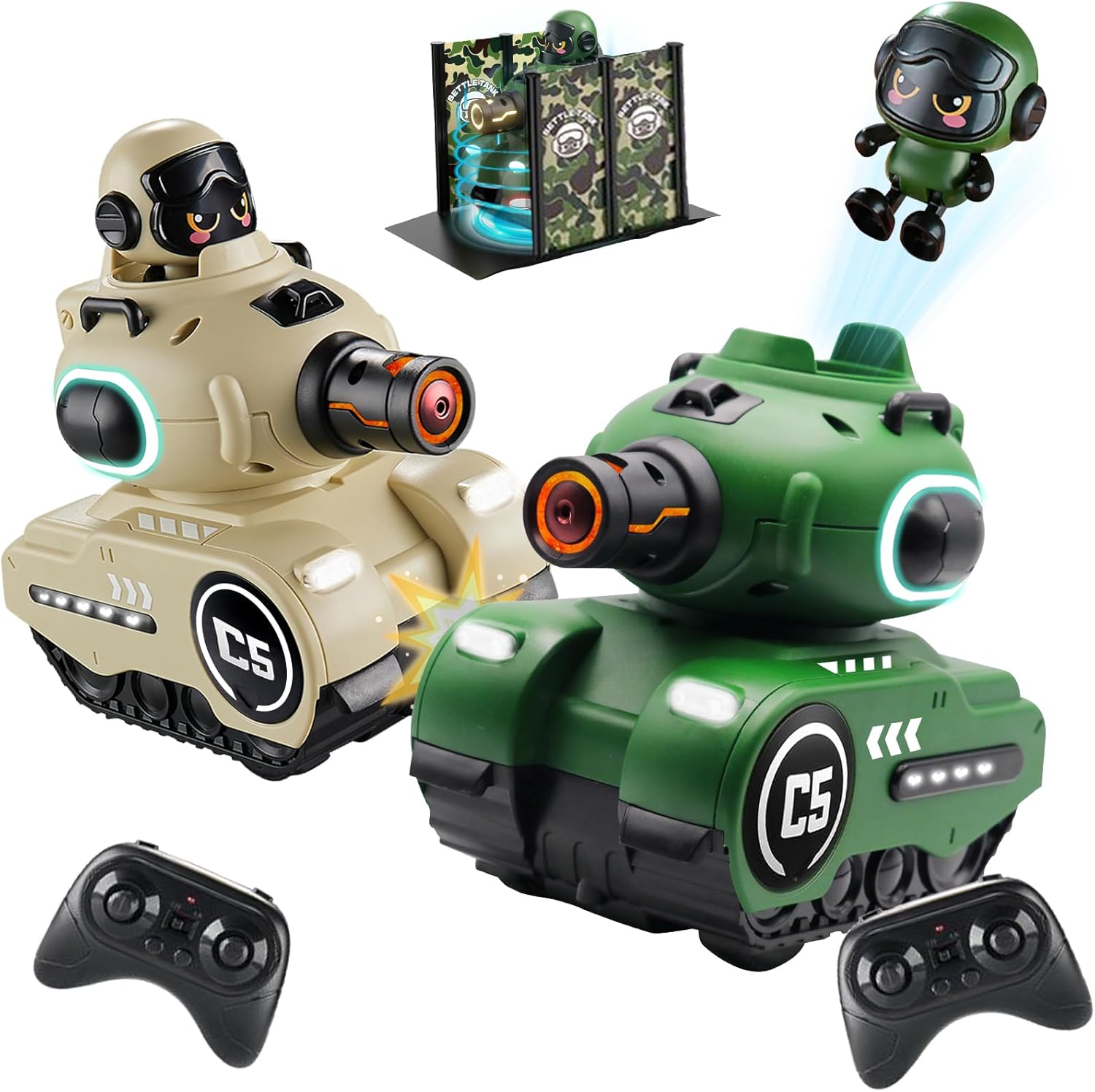 2x Remote Control Tanks, RC Battle Tanks \/ Fight Cars 2 Pack Toy, Ejecting Infrared Robots, USB Charging, No Bullets Needed, OBEST