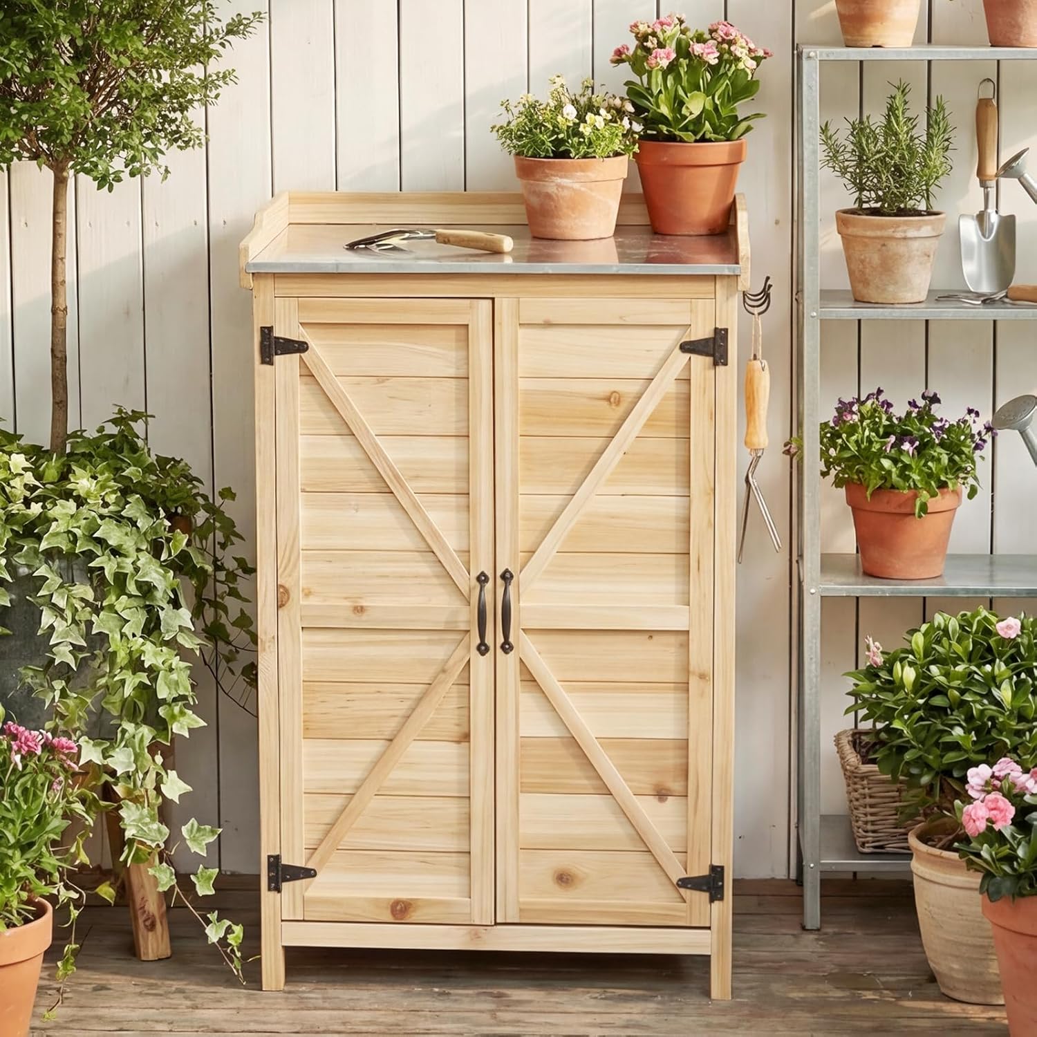 Wooden Garden Storage Shed, Outdoor Cabinet with Galvanised Top, Potting Bench Table for Garden Tools, 64 x 40 x 95 cm, Natural Wood, Aoxun