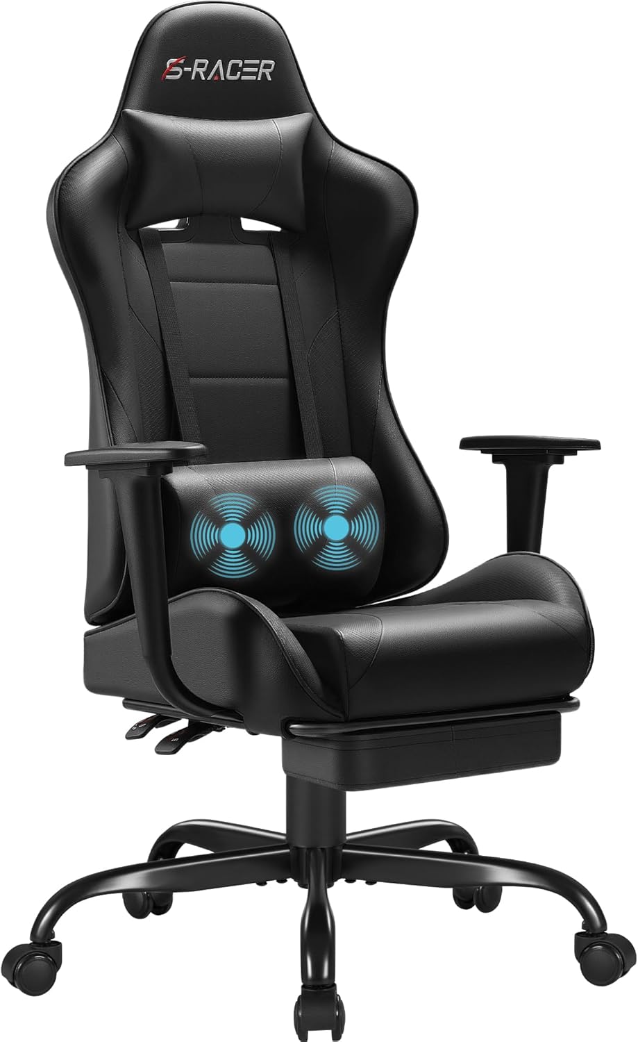 Massage Computer Gaming Chair, with Footrest and Massage Lumbar Support, Height Adjustable, with Headrest and Swivel Seat, RC001