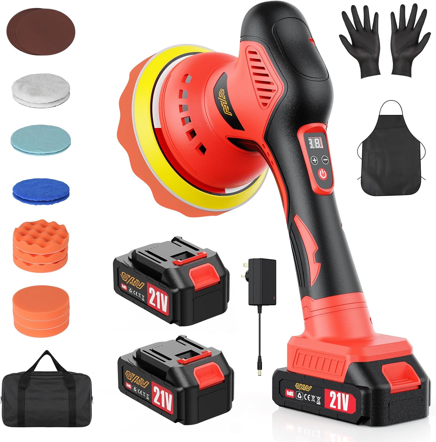 Cordless Car Polisher Buffer, Rechargeable Batteries 2 * 21V 4.0Ah, 8 Variable Speed 2800-6200RPM, 6 IN Dual Action Car Polisher for Detailing Polishing, Innsky
