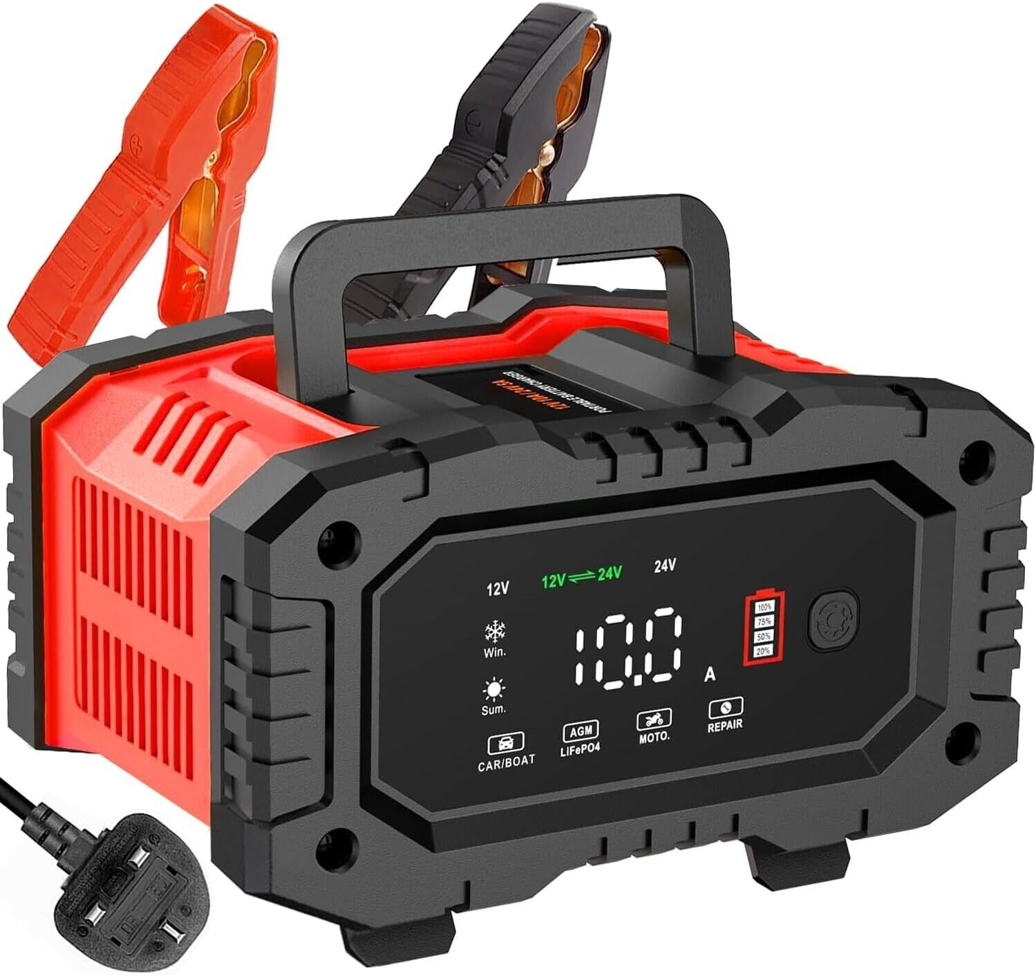 Car Battery Charger 10 Amp, 12V\/24V LiFePO4 Lead Acid Portable Car Battery