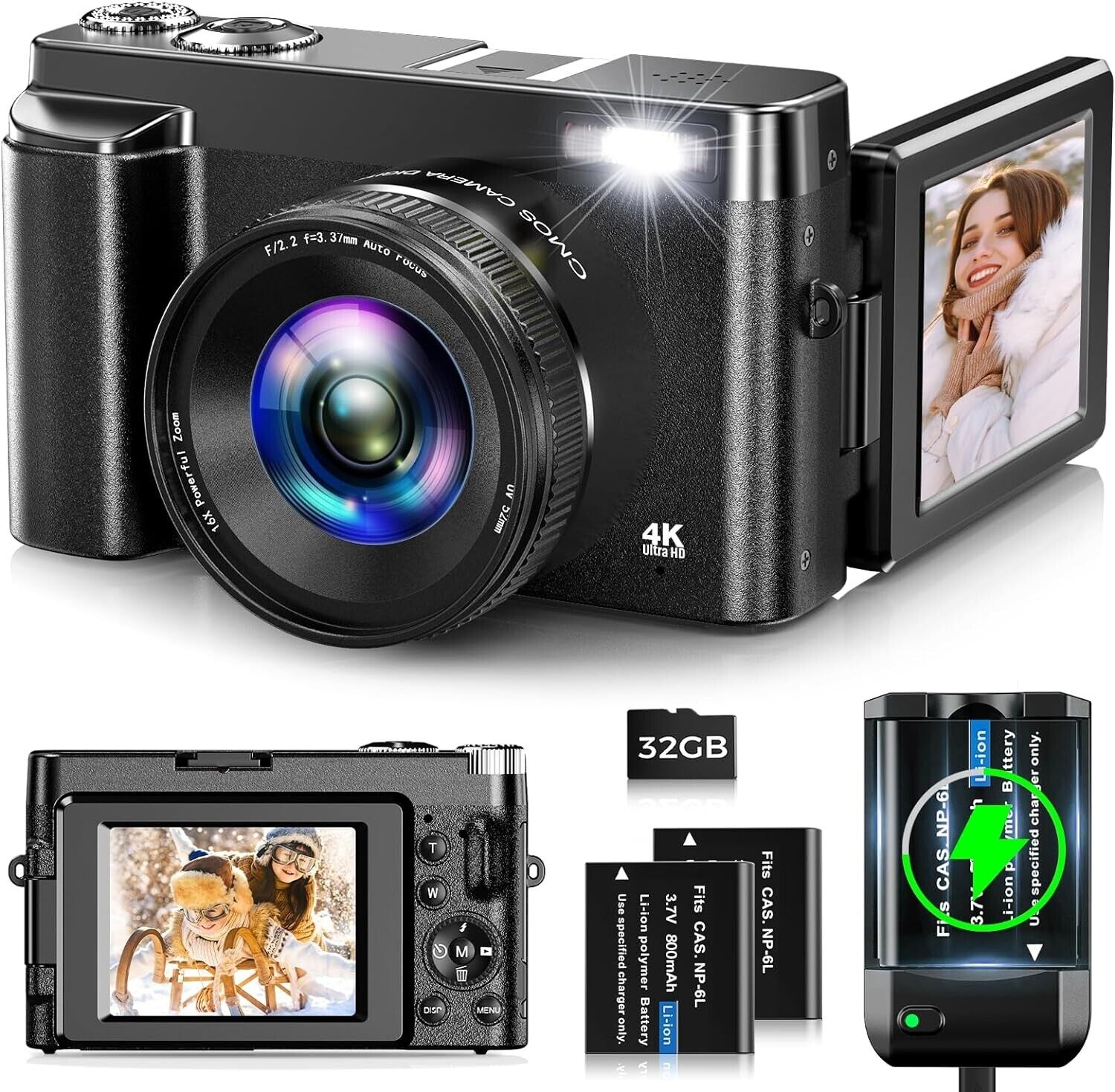 OIADEK Digital Camera 4K 48MP Autofocus Vlogging Camera with 32G Memory Card 16X