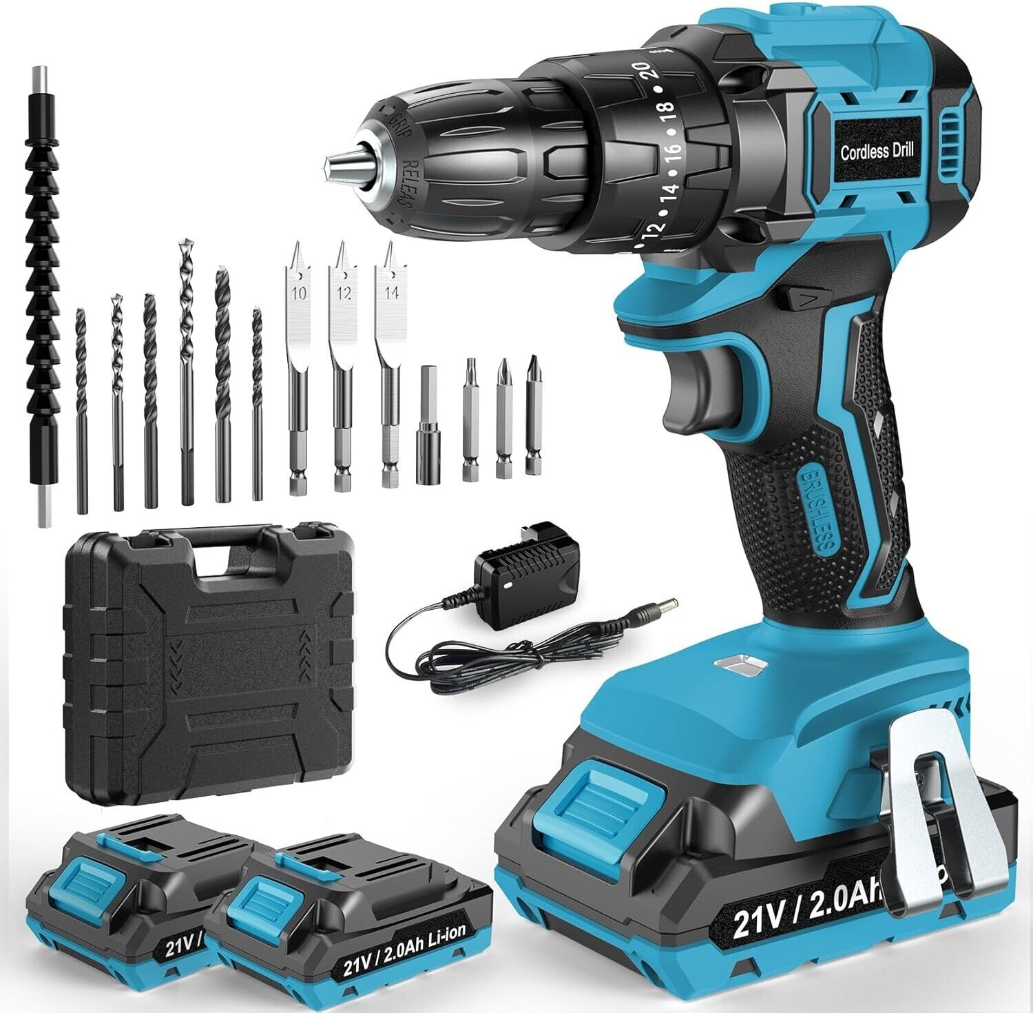 Brushless Cordless Drill Set, 21V, Brushless  Hammer Drill with 2 Batteries, Leeiko