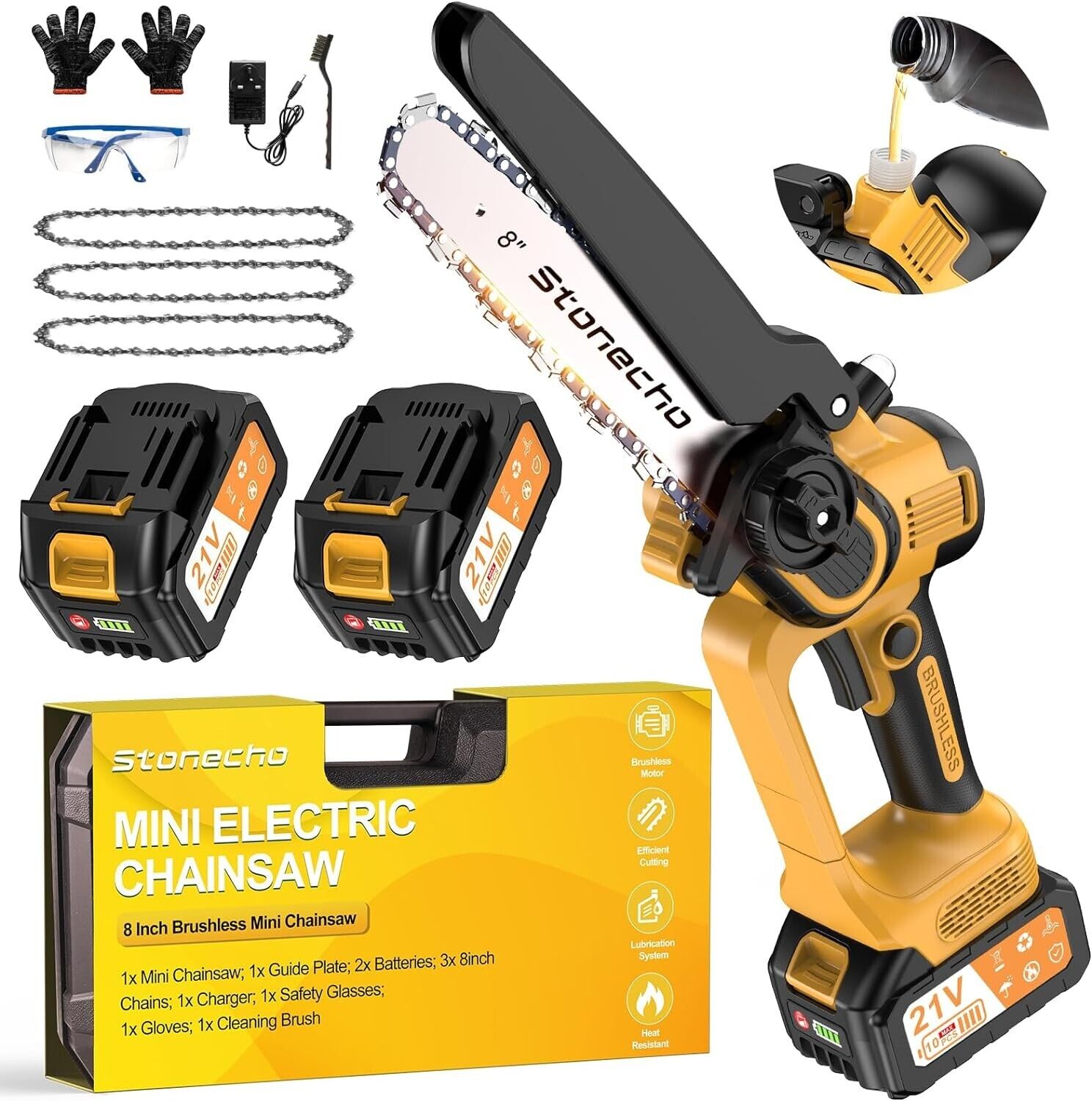 Mini Chainsaw 8 Inch, 2x4000mAh Battery Chainsaw with Oiler System