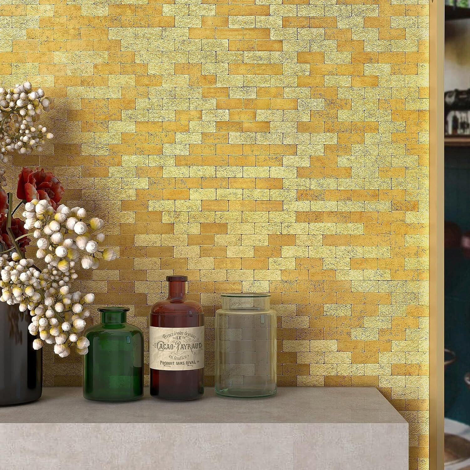 VAOVI Metallic Gold Stick on Tiles Kitchen Splashback,Self Adhesive Tile Sticker