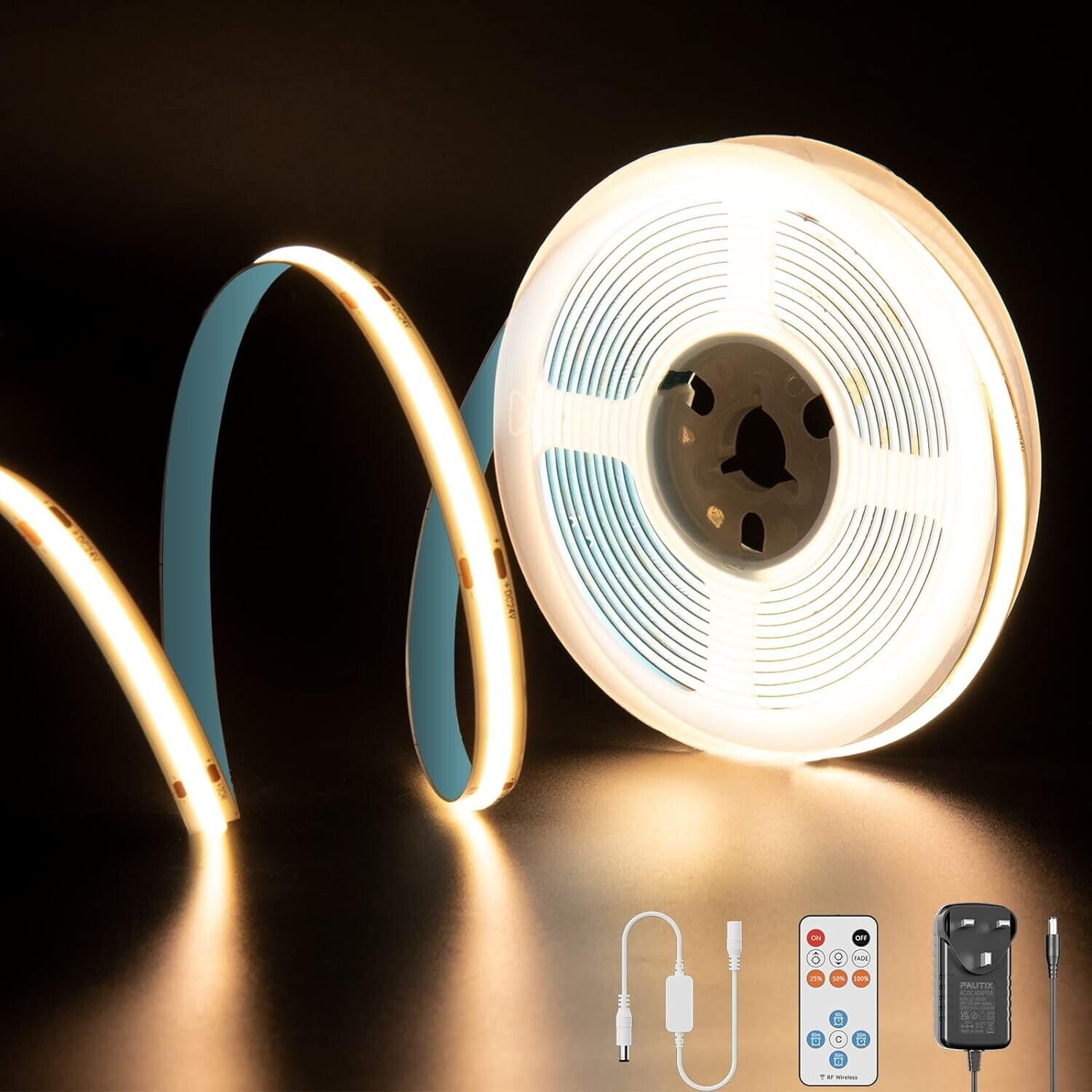 PAUTIX COB LED Strip Warm White 3000K, 5M 2400LEDs 24V CRI90+ Dimmable Bright