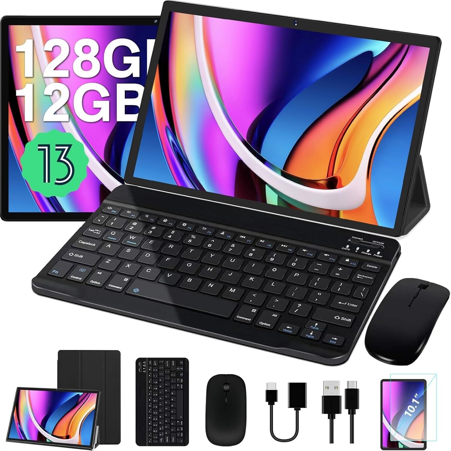 JVVQTB Tablet 10 Inch Android 13, 12GB RAM+128GB ROM(1TB TF) Octa-Core 2.0 GHz,