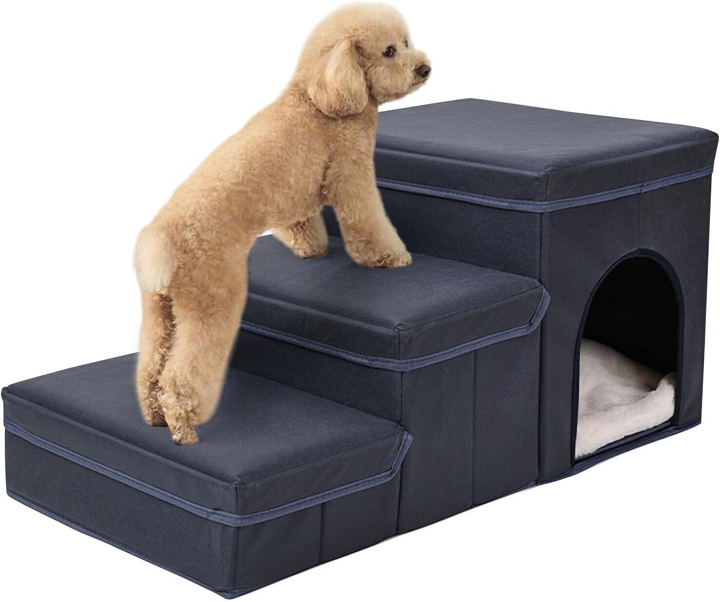 Hibtn Cat Dog Steps,Dog Stairs With Pet Bed& Sofa,Foldable 3 Tiers Steps