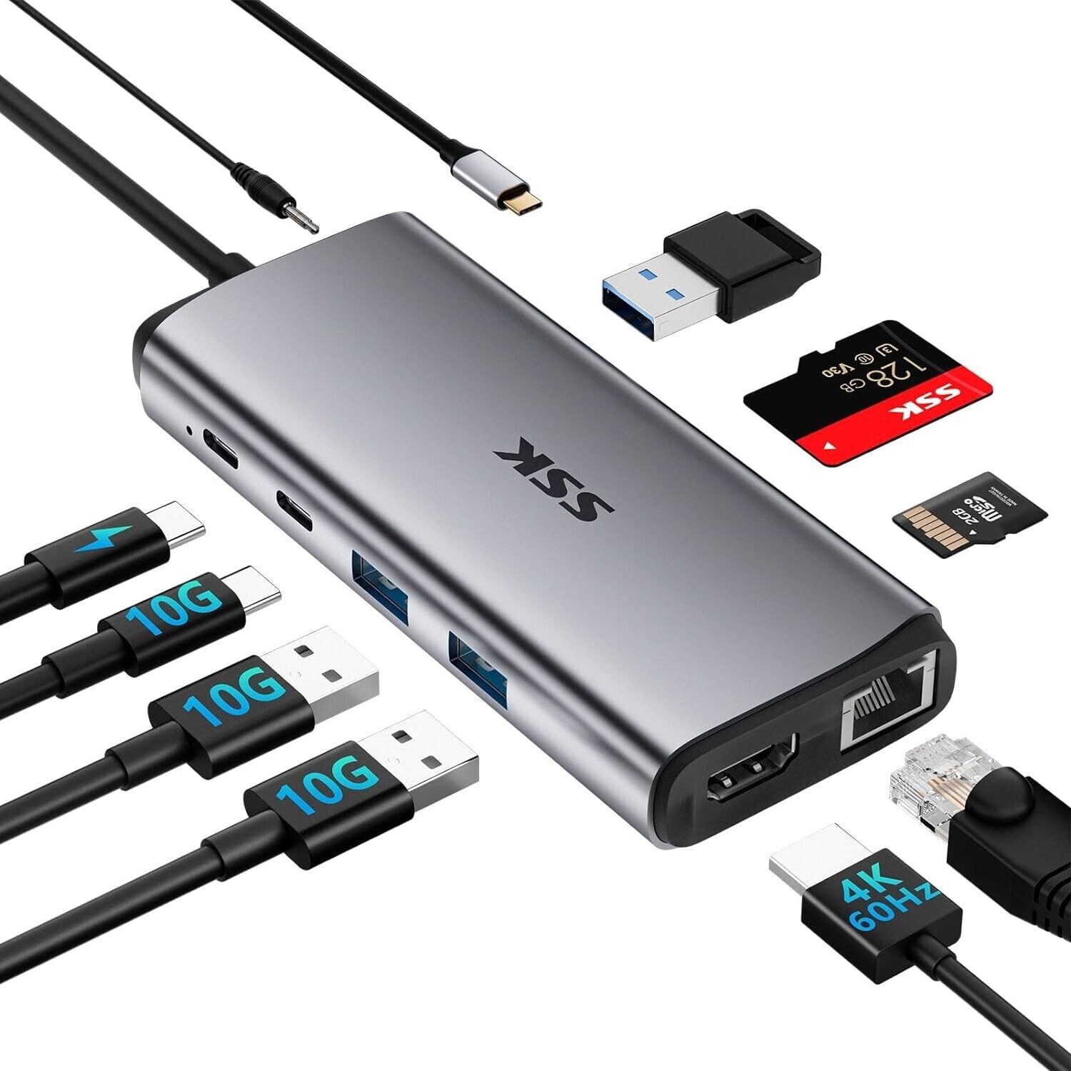 SSK USB-C Hub Ethernet 10in1, 10Gbps USB C Splitter Multiport Adapter with 4K60