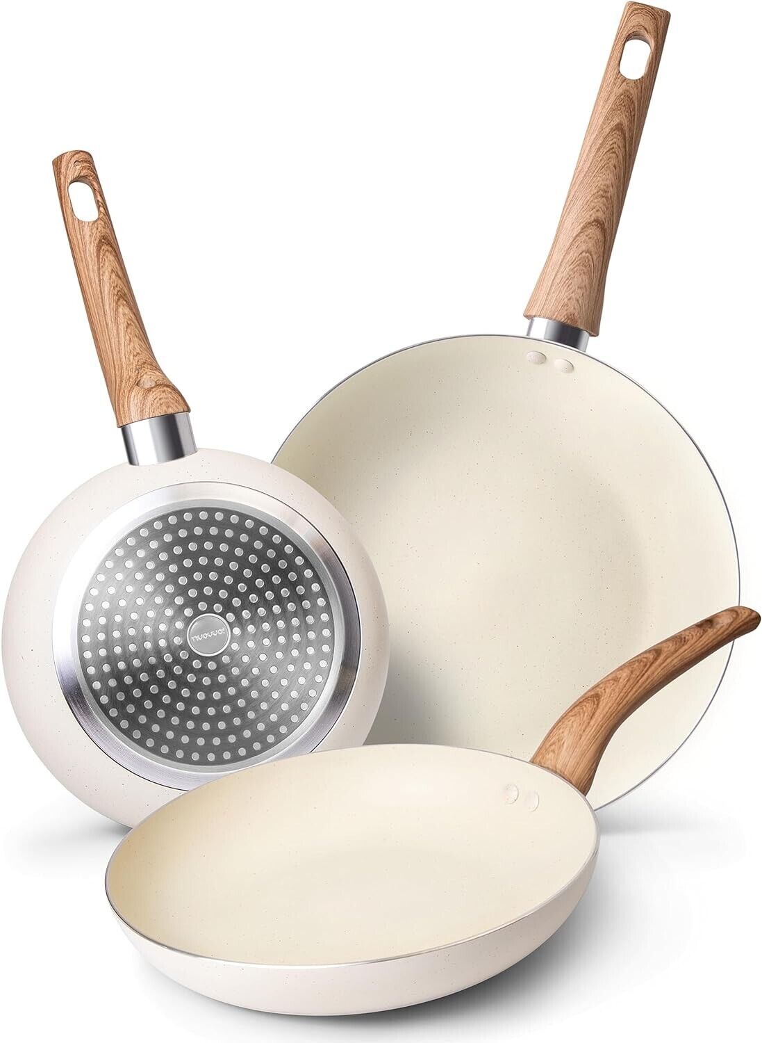 nuovva Induction Hob Pan Set - 3pcs Non Stick Chefs Pans - Kitchen Cream Granite