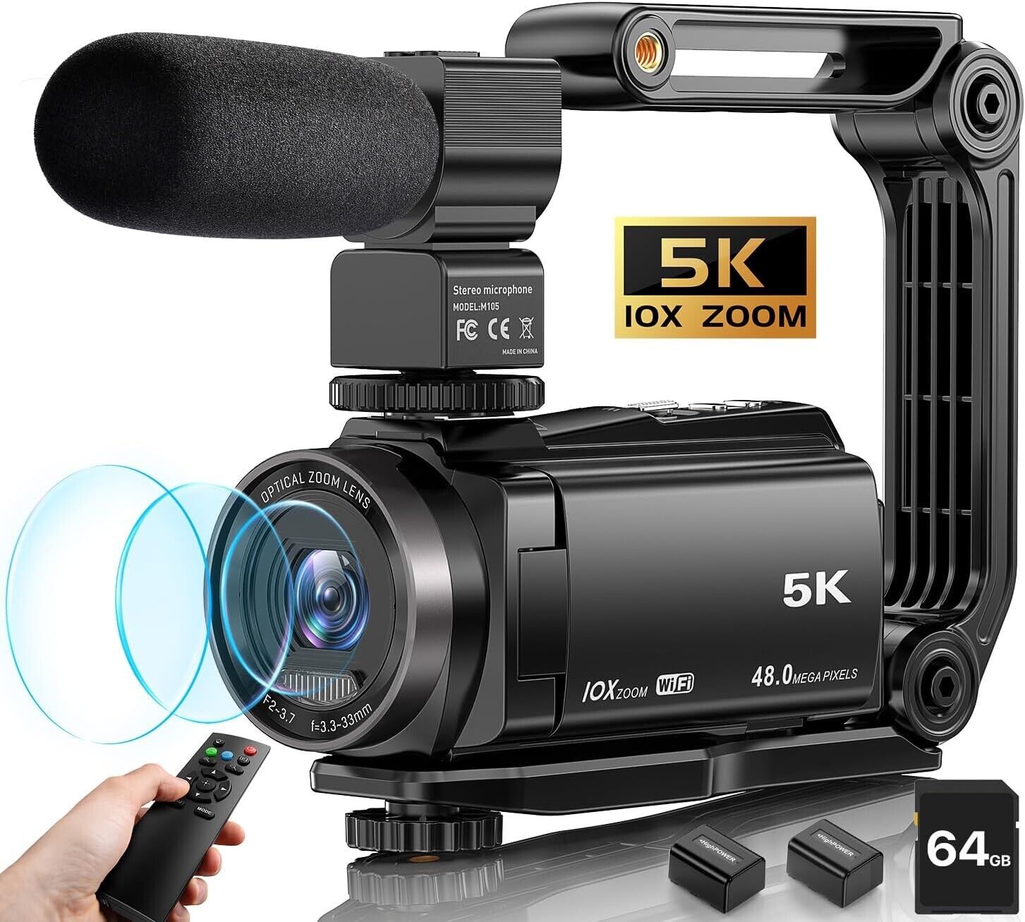 Ahlirmoy 5K Video Camera Camcorder 48MP 30FPS, WiFi IR Night Vision, 2 Batteries