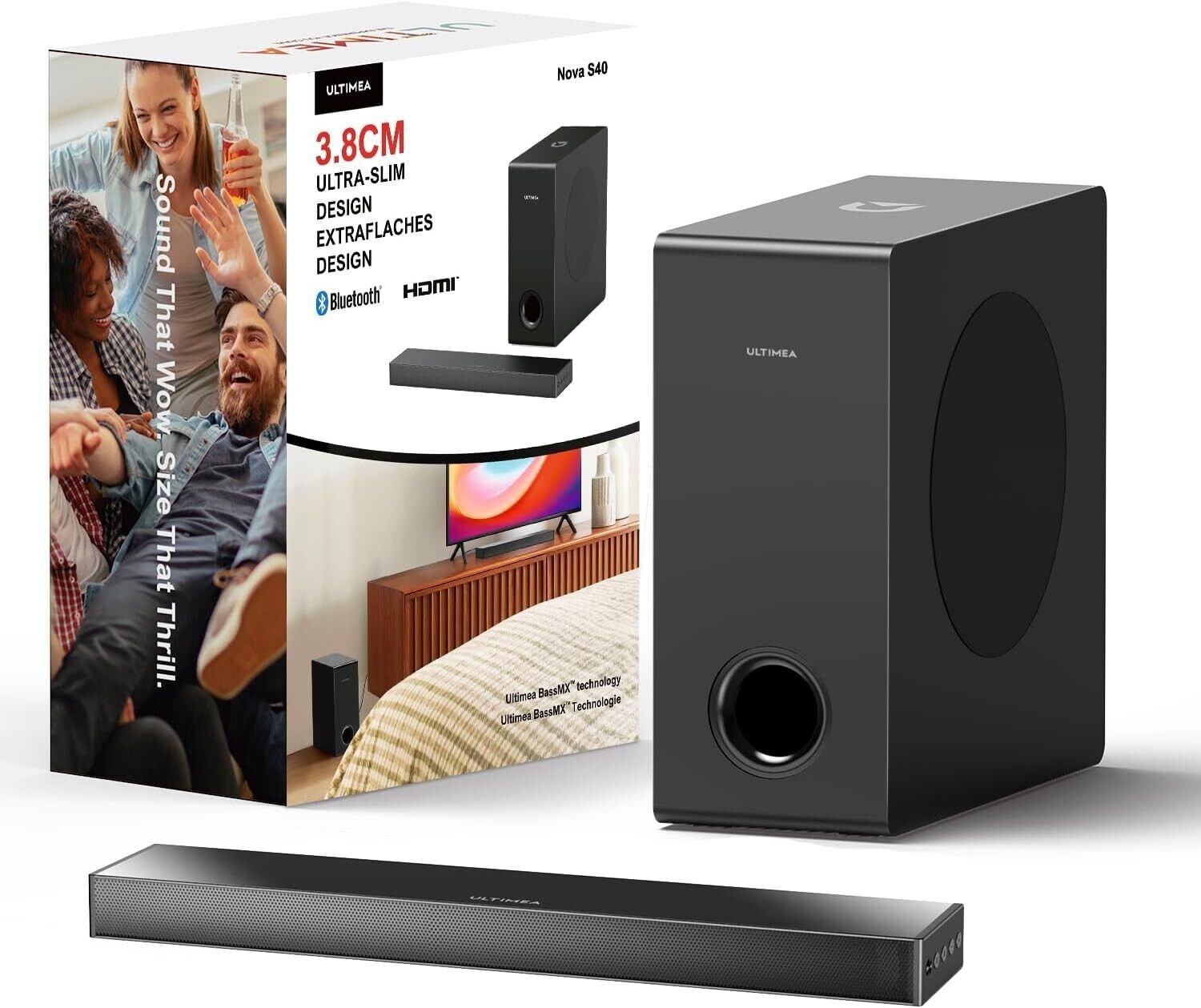 ULTIMEA Sound Bar for TV with Subwoofer, Deep Bass Ultra Slim Soundbar, 2.1ch