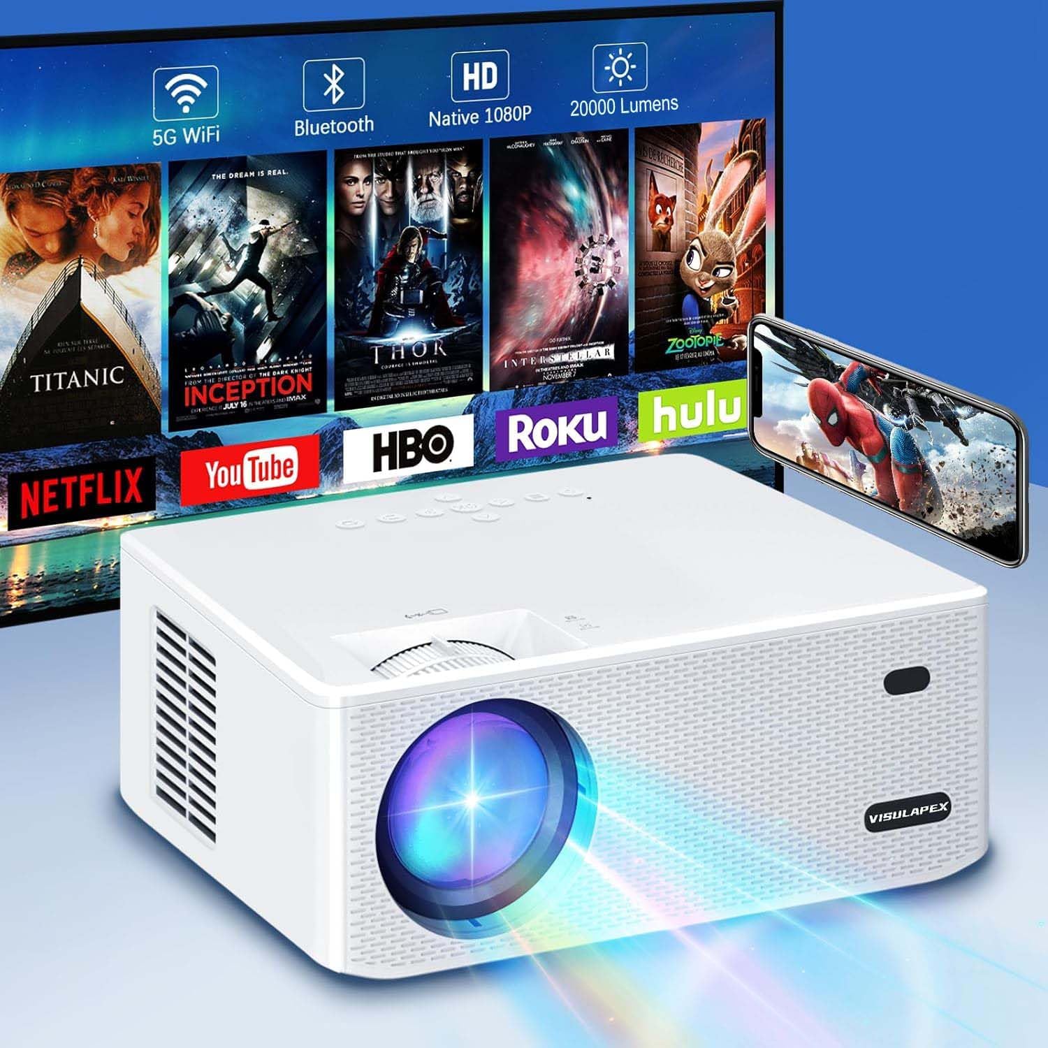 Auto Keystone Projector WiFi and Bluetooth Electric Keystone 4P 4K Supported, 20000 Lumens 700 ANSI, Native 1080p, HiFi Speaker, Long-Life Lamp