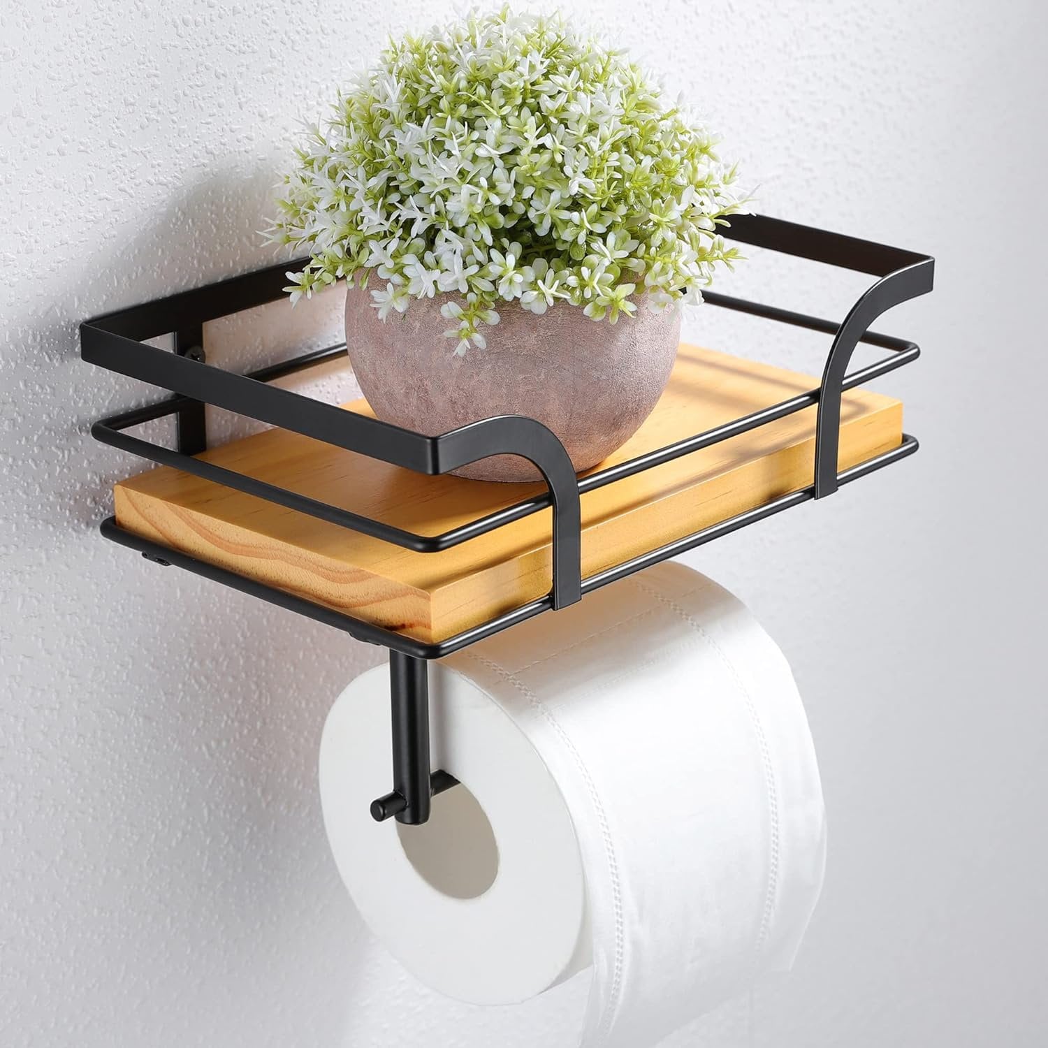 Personalised Toilet Roll Holder with Shelf, Wooden Toilet Paper Roll Holder, Farmhouse Light Brown
