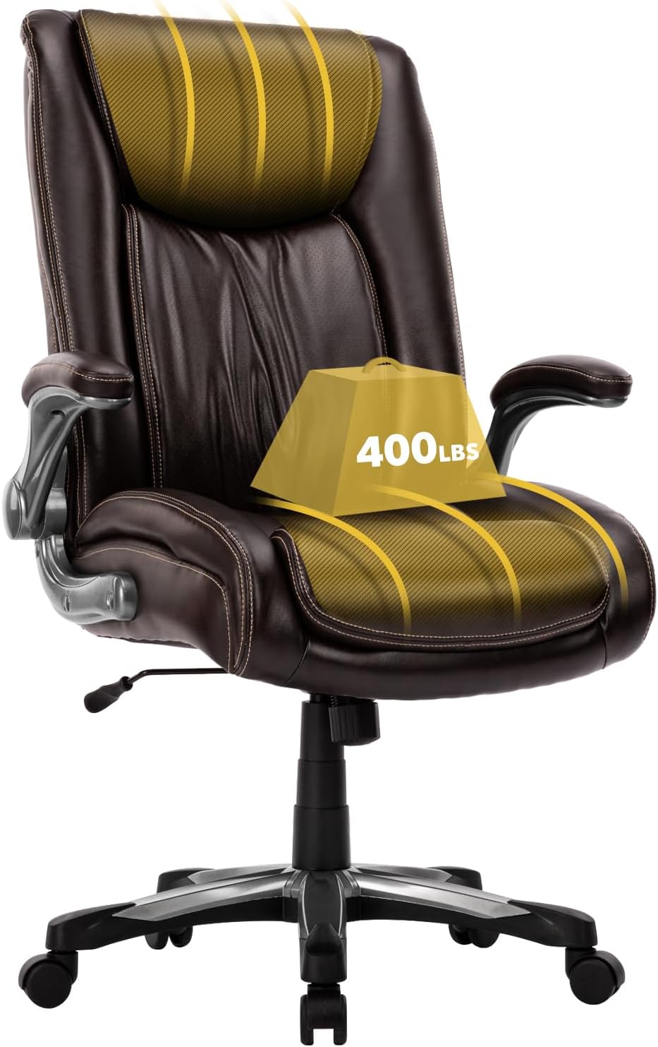 Big and Tall Office Chair 400lbs, Large Heavy Duty High Back Executive Computer Office Desk Chair Flip-up Arms Wide Thick Seat for Home Office (Brown)
