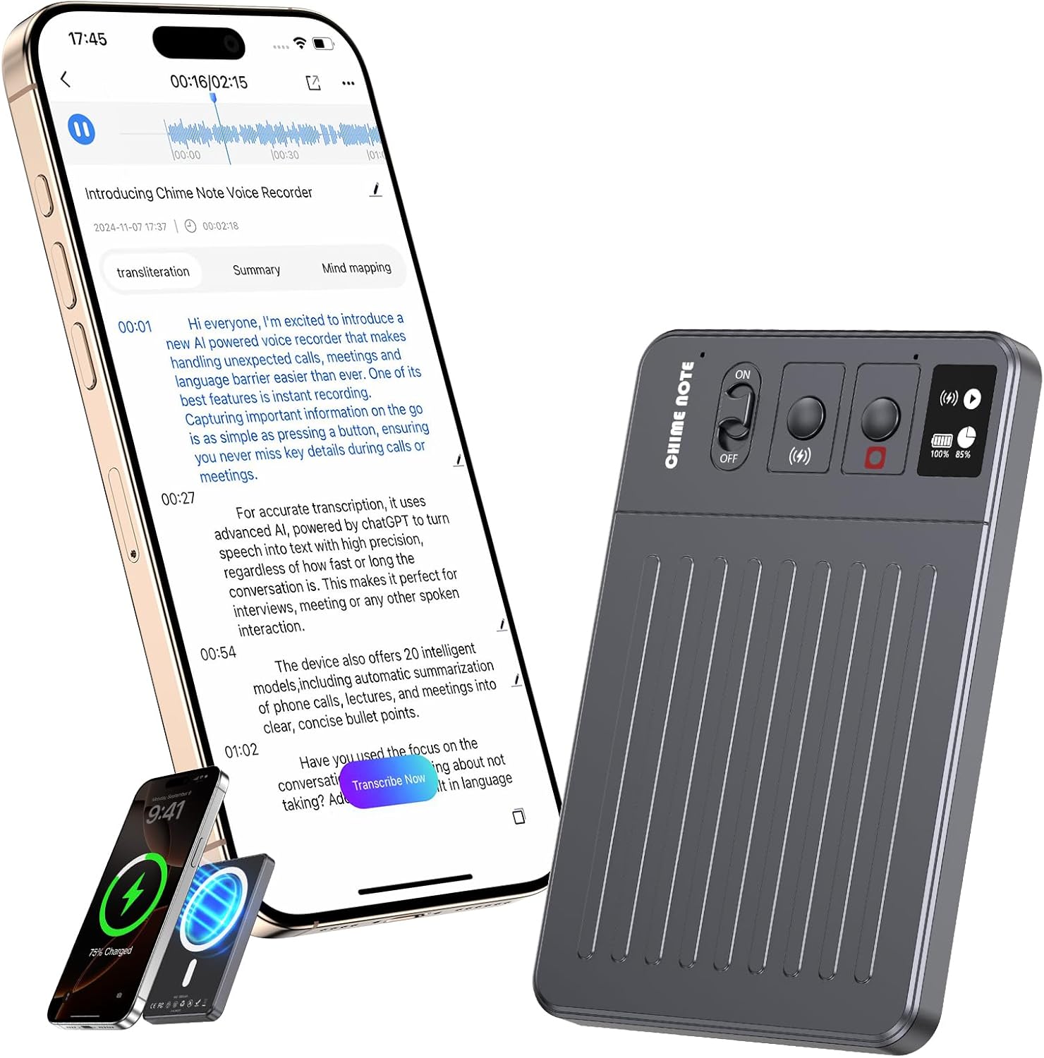 AI Voice Recorder - Voice Recorder w\/No fee Transcribe & AI Summarize by ChatGPT, APP Control & Web Sync, 117 Languages, 64GB Memory, Wireless Charging, Audio Recorder for Meetings\/Calls, Dark Grey