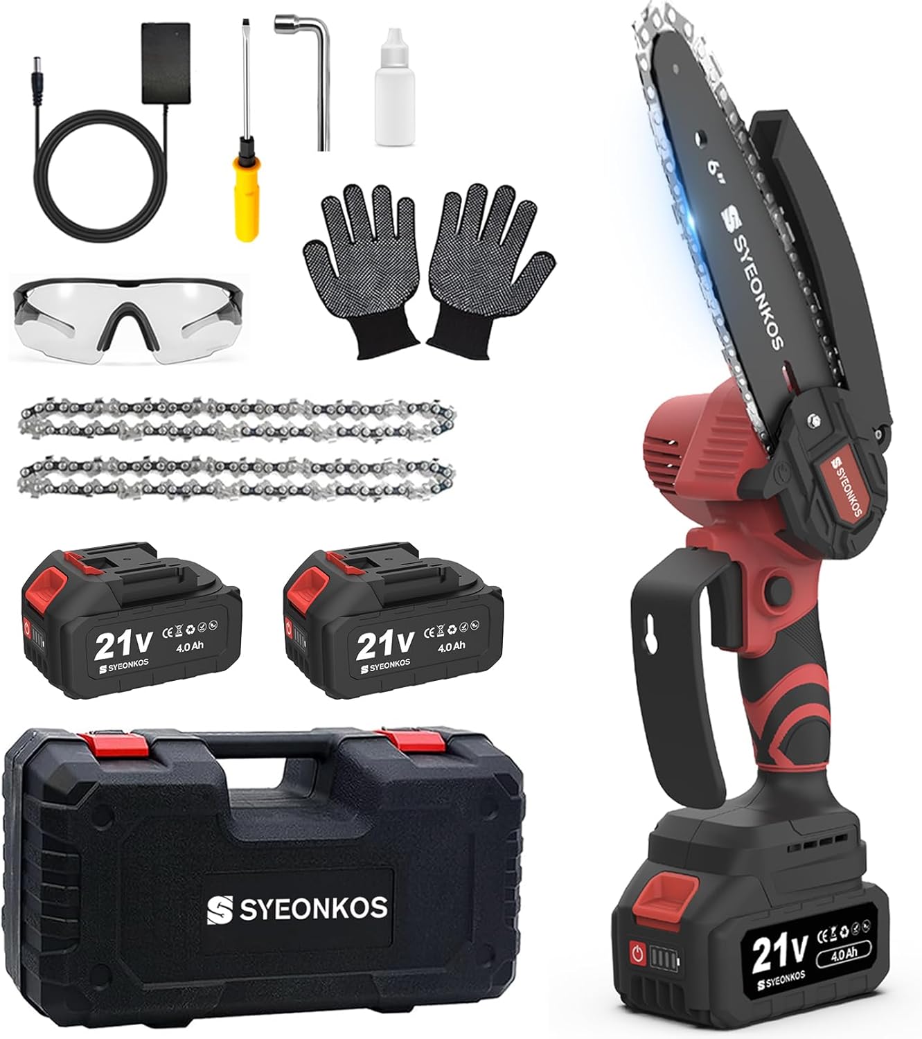 Mini Cordless Chainsaw, 2 Batteries (8000mAh Large Capacity Batteries), Brushless motor, 2 Chains, Syeonkos